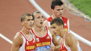 Jonathan Borlée, Cédric Van Branteghem, Kevin Borlée et Arnaud Ghislain (de g. à dr.) à l’arrivée du 4 x 400 m aux Jeux de Pékin. Qui aurait cru que les Belges ne rateraient plus une grande finale à partir de là
?