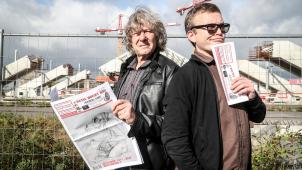 Serge Poliart et Marat, devant le chantier de la gare de Mons :  un feuilleton à suivre dans le « Batia » !