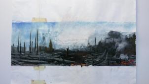 Vincent Glowinski, Maquette « Forêt calcinée », 2016, collage rehaussé, 50x65 cm, 2.500 euros encadré.