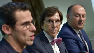 Jean-Marc Nollet (Ecolo), Elio Di Rupo (PS) et Willy Borsus (MR) lors de la conférence de presse ce lundi.