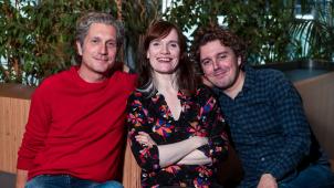Charlie Dupont, Alex Vizorek et Anne-Pascale Clairembourg à la rédaction du «
Soir
» pour préparer le coaching de Kody.