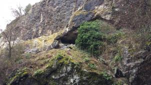 La grotte Schmerling vue de l’autre côté du vallon éponyme. C’est là que le médecin hollandais a trouvé en 1829-1830 ce qu’il appellera erronément les crânes d’Engis. La grotte se trouve en réalité sur la commune des Awirs (Flémalle). Le Préhistomuseum de Ramioul peut organiser une visite guidée des alentours sur demande.