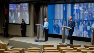 La présidente de la Commission européenne Ursula Von Der Leyen et le président du Conseil européen Charles Michel, au terme du sommet européen le 21 juillet.