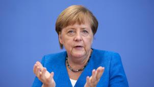 Angela Merkel lors de sa conférence de presse de rentrée, le 28 août à Berlin
: elle prendrait aujourd’hui la même décision qu’il y a cinq ans.