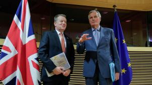 David Frost et Michel Barnier, respectivement négociateurs en chef pour le Royaume-Uni et l’UE sur les contours de leur relation future, à Bruxelles, pendant un cycle de pourparlers.