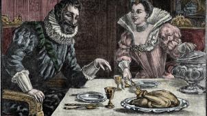 Henri IV déguste une poule au pot en compagnie de sa maîtresse Gabrielle d’Estrées. Gravure in «La cuisine des familles» de 1905-1908.