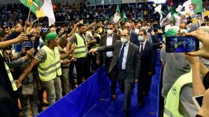 Abderrazak Makri, le président du parti islamiste MSP lors d’un meeting à Alger le 8 juin. Le MSP est l’un des rares partis qui a réussi à réunir du monde lors de la campagne.