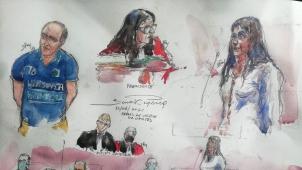 Sur ce dessin d’artiste, les accusés (à gauche et à droite) au cours de leur procès.
