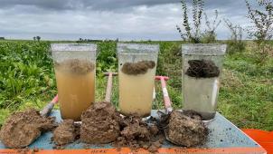 Des échantillons de terre extraits de champs cultivés de façon traditionnelle ou de façon régénérative (à droite). Là, la structure du sol reste bien compacte car vivante.