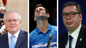 Scott Morrison (Premier ministre australien), Novak Djokovic (n°1 mondial de tennis) et Aleksandar Vucic (Président serbe).