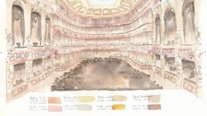 La palette des couleurs en vue de la restauration de la grande salle de concert conçue entre 1872 et 1876.