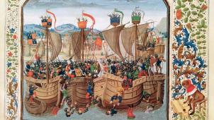 Une scène de guerre entre des bateaux anglais et français, au XIV e  siècle. Époque durant laquelle Jeanne de Belleville a sévi.