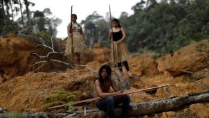Une tribu indienne observe les dégâts causés par la déforestation en Amazonie.