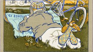 L’une de 4 cartes postales de Georges Gaudy : «Tout le monde lit le  Sportsman ». Lot 226. Estimation : 80-100 €. Début d’enchères à 40 €.