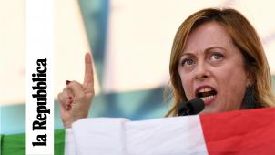 Giorgia Meloni, présidente du parti de droite radicale «Fratelli d’Italia», lors d’un rassemblement politique en octobre 2019. Crédité de moins de 10% des suffrages dans les sondages de l’époque, son parti est aujourd’hui en tête des sondages, à quelques semaines des élections générales anticipées du 25 septembre 2022.