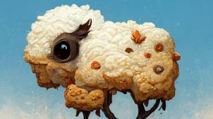 Une des images générées par Midjourney sur base de la phrase suivante: «mouton qui mange un cookie dans un arbre».