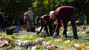 Le personnel et des bénévoles des parcs retirent les hommages floraux à Londres pour les emmener à la pépinière de Hyde Park, et ensuite les composter dans les jardins de Kensington.
