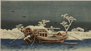 Takahashi Hiroaki (Shōtei) (1871-1945), «Bateau sur une rivière par temps de neige», avant 1910, éditeur : Watanabe Shōzaburō.
