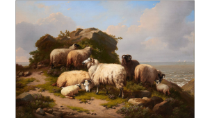 Eugène Verboeckhoven, «Bouc, moutons et agneaux sur fond de paysage marin avec voiliers et vapeur». 1868. 12.000-15.000€.
