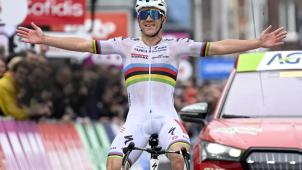 Belgian Remco Evenepoel of Soudal Quick-Step celebrates after winning the men elite race of the Liege-Bastogne-Liege one day cycling event, 258,5km from Liege, over Bastogne to Liege, Sunday 23 April 2023. BELGA PHOTO TOM GOYVAERTS