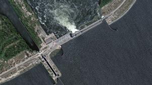 Une image satellite montre le barrage et la centrale hydroélectrique de Nova Kakhovka avant son effondrement, à Nova Kakhovka, en Ukraine, le 5 juin 2023.