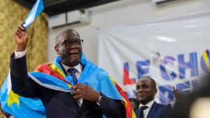 Denis Mukwege, gynécologue et militant de la République démocratique du Congo, qui a remporté le prix Nobel de la paix en 2018 pour sa lutte de près de deux décennies contre les violences sexuelles, s’exprime après avoir annoncé sa candidature à l’élection présidentielle de décembre 2023, le 2 octobre 2023.