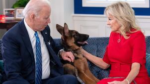 Joe et Jill Biden en 2021 avec leur nouveau chien Commander.