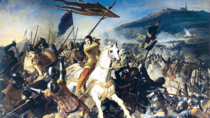 Ce tableau de la Galerie des batailles versaillaise exaltant la victoire de Philippe le Bel a été commandé par Louis-Philippe, roi des Français et père de notre première reine Louise-Marie, au peintre Charles-Philippe Larivière.