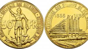 Royaume de Belgique, Léopold III (1934-1951), 50 francs, 1935. Exposition universelle, épreuve en or, tranche cannelée. Estimation 25.000€.