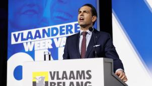 Tom Van Grieken, président du Vlaams Belang, lors d’un congrès du parti d’extrême droite flamand, à Gand, le dimanche 24 mars 2024.