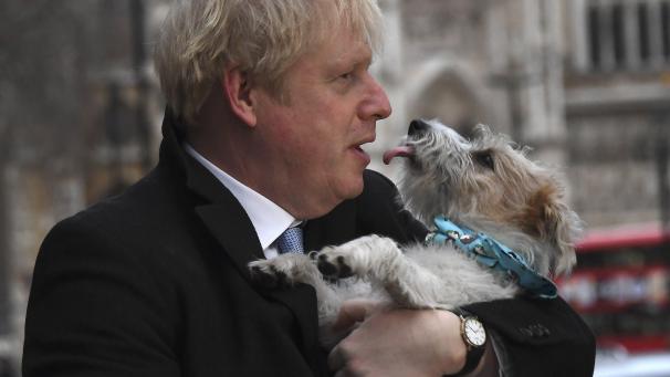 Le premier ministre britannique et chef du Parti conservateur Boris Johnson tient son chien Dilyn après avoir voté aux élections générales à Westminster.