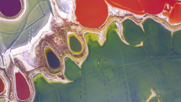 Un lac salé et coloré en Chine. Telle une palette de peintre.