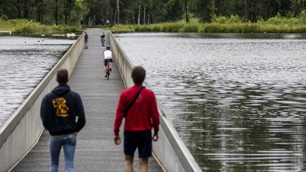 Inaugurée en avril 2016, «
Traverser l’Eau à vélo
» est une expérience cycliste unique qui permet de parcourir la distance 212 mètres à travers un étang de la réserve de Wijers.