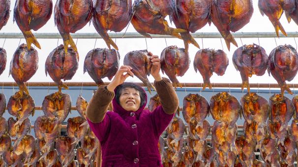Une Chinoise travaillant dans une entreprise d’aquaculture fait sécher du poisson salé.