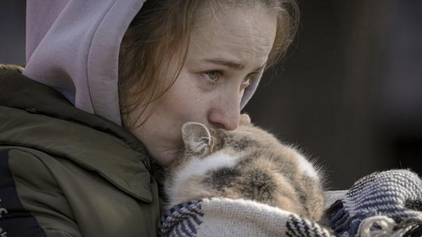 Une femme qui a été évacuée d’Irpin pleure en embrassant un chat enveloppé dans une couverture à un point de triage à Kiev (Ukraine).