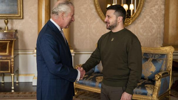 Le roi Charles III reçoit le président ukrainien Volodymyr Zelenskyy au palais de Buckingham le mercredi 8 février 2023. Il s