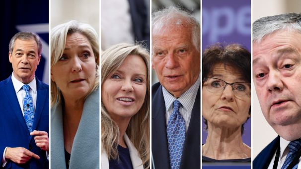 De gauche à droite, Nigel Farage, Marine Le Pen, Frédérique Ries, Josep Borrell, Marianne Thyssen et Marc Tarabella.