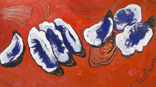 Guy de Malherbe, « Sept huîtres sur fond rouge » 2020, huile sur toile, 100 x 180 cm.