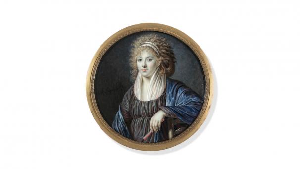 Anthelme-François Lagrenée (1774-1832), « Femme à la robe noire et au châle bleu tenant un éventail ». Estimation 5.000 € – 7.000 €.