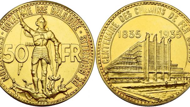 Royaume de Belgique, Léopold III (1934-1951), 50 francs, 1935. Exposition universelle, épreuve en or, tranche cannelée. Estimation 25.000€.