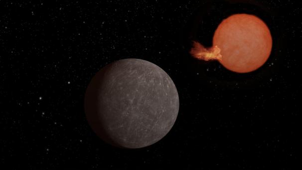 Vue d’artiste de l’exoplanète SPECULOOS-3 b en orbite autour de son étoile. La planète est aussi grosse que la Terre, tandis que son étoile est légèrement plus grande que Jupiter, mais beaucoup plus massive.