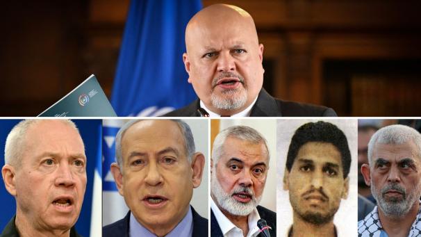 Le procureur de la Cour pénale internationale (CPI) Karim Khan (en haut) a demandé lundi des mandats d’arrêt contre le Premier ministre israélien Binyamin Netanyahou, son ministre de la Défense et trois dirigeants du Hamas (en bas, de gauche à droite) pour des crimes de guerre et des crimes contre l’humanité présumés commis dans la bande de Gaza.