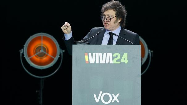 Le président argentin Javier Milei a pris la parole lors du rassemblement « Europa Viva 24 » du parti espagnol d’extrême droite Vox à Madrid, le 19 mai 2024.