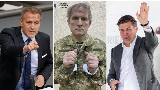 Le député allemand Petr Bystron, l’oligarque Viktor Medvedchuk (ici après son arrestation en Ukraine) et l’eurodéputé Maximilian Krah, trois acteurs clés de ce « Russiagate ».