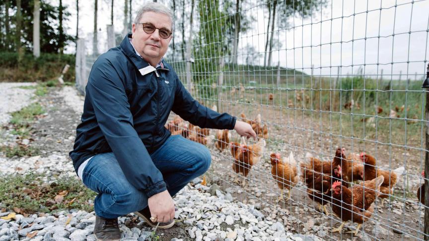 Éric Bedoret devant ses poules élevées en plein air.