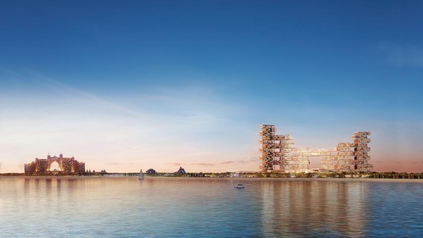 A gauche sur ce cliché, l’hôtel Atlantis, bien réel (il fut inauguré en 2009), et à droite, le projet de resort hôtelier et de résidences qui est actuellement en construction dans l’Emirat. Dubaï s’apprête à frapper un (autre) grand coup en matière de projet immobilier...
