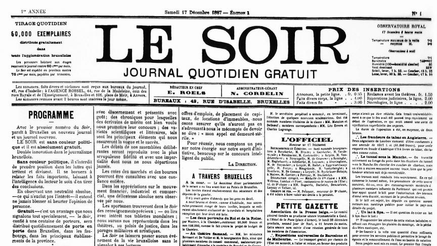 Le premier «
Soir
» du 17 décembre 1887.