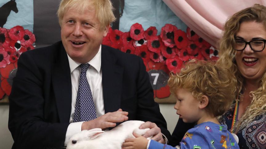 Boris Johnson caresse un lapin lors d’un meeting en vue de la prochaine élection générale en Grande-Bretagne.