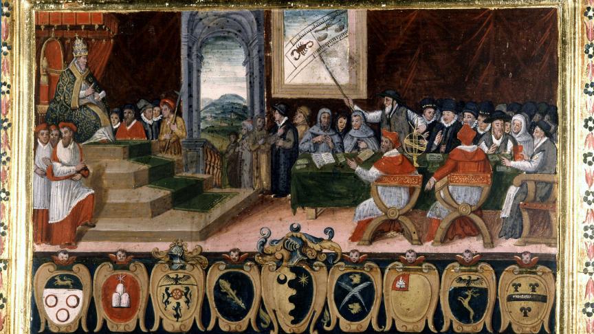 Grégoire XIII préside la commission pour la réforme du calendrier en 1582 à Rome.
