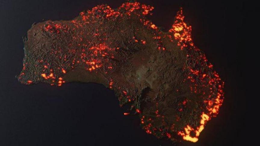 Création graphique en 3D des incendies qui ont ravagé l’Australie entre le 5 décembre 2019 et le 5 janvier 2020. Le tout basé sur des données collectées par la NASA.